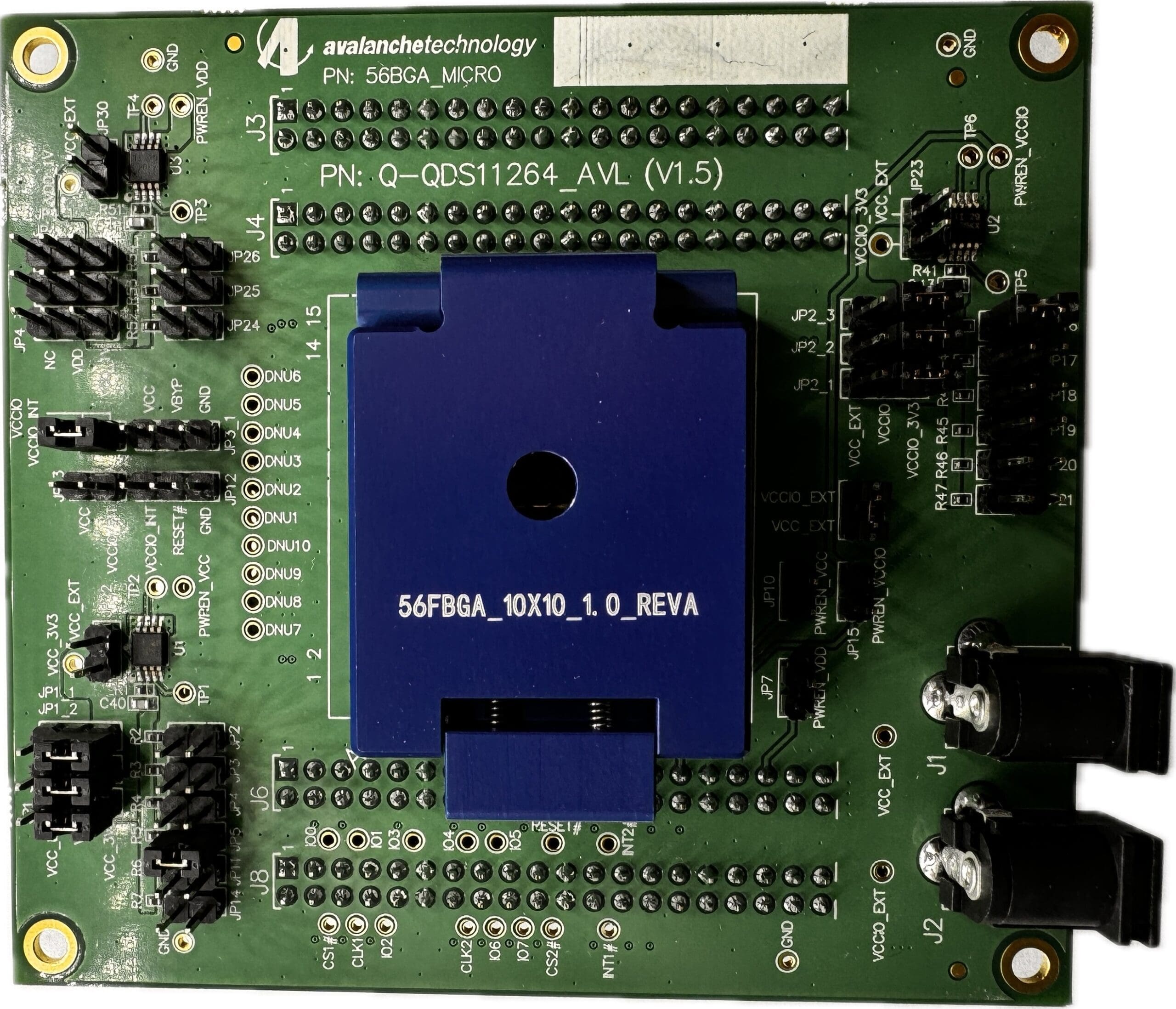 Microcontroller development board with connectors and components.