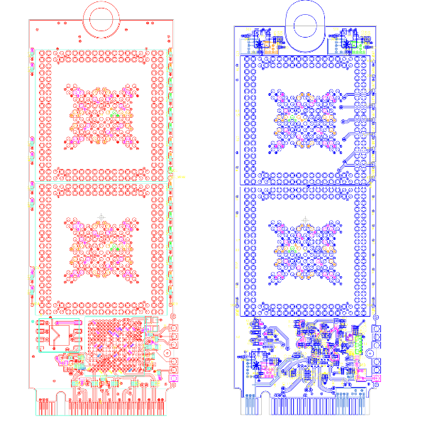 Detailed PCB layout designs in red and blue.